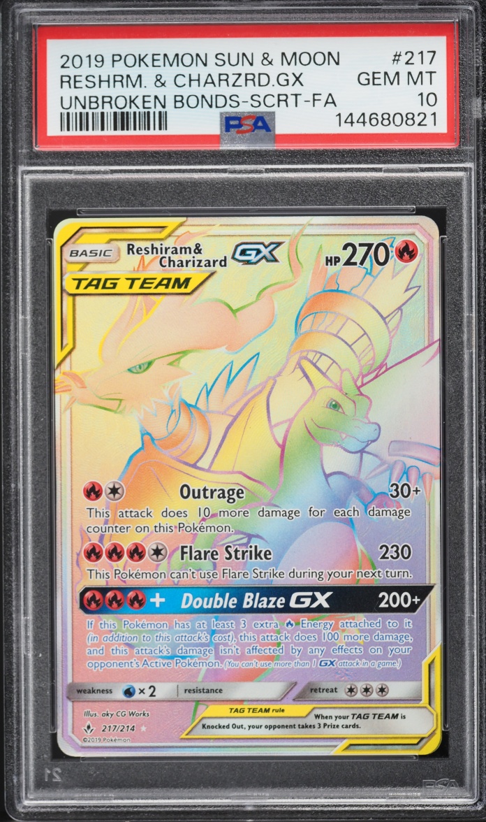 2019 Pokemon Sun & Moon Unbroken Bonds Rainbow Rare Reshiram Charizard GX #217 PSA 10 GEM MINT