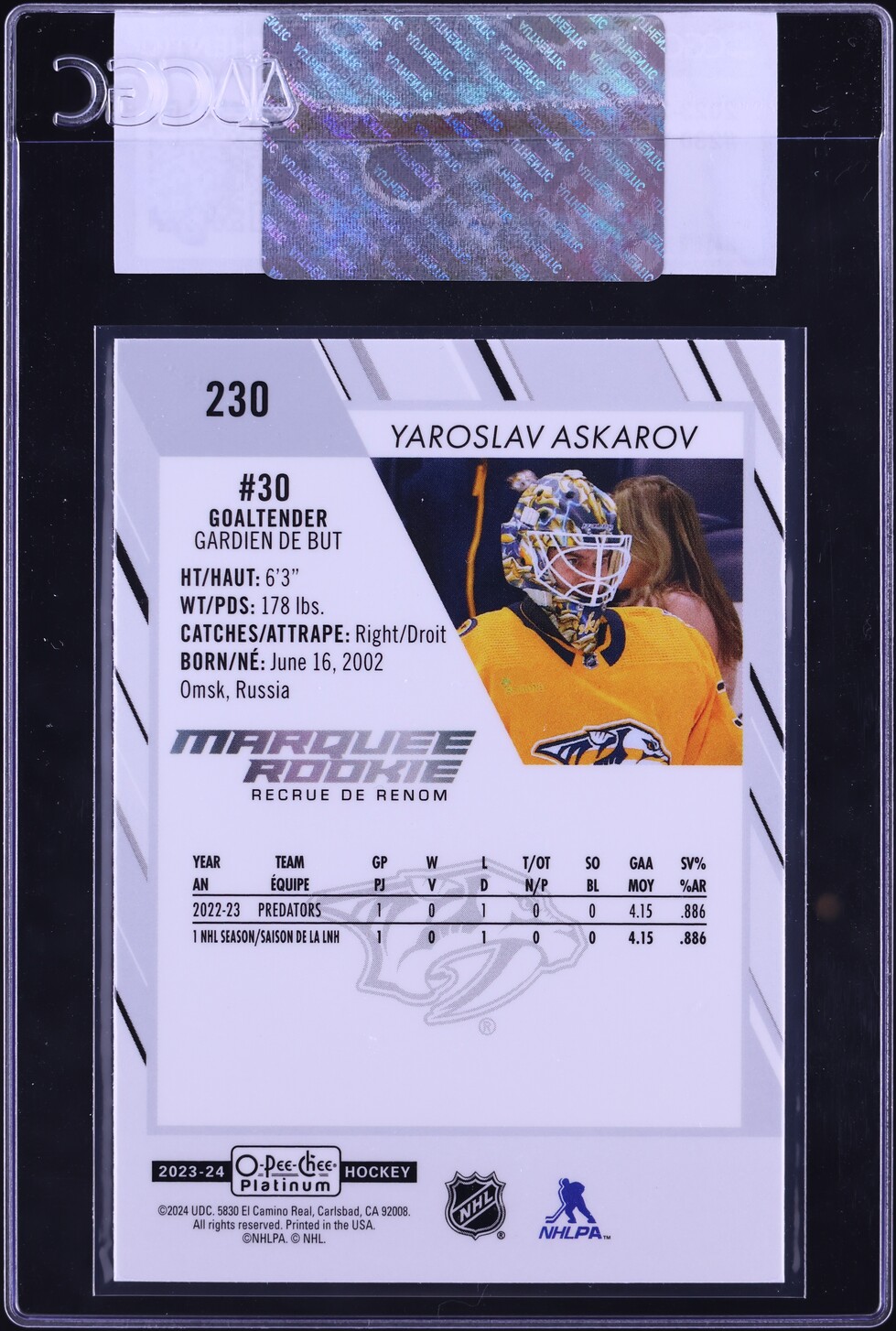 2023 O-Pee-Chee Platinum Yaroslav Askarov ROOKIE #230 CGC AUTH