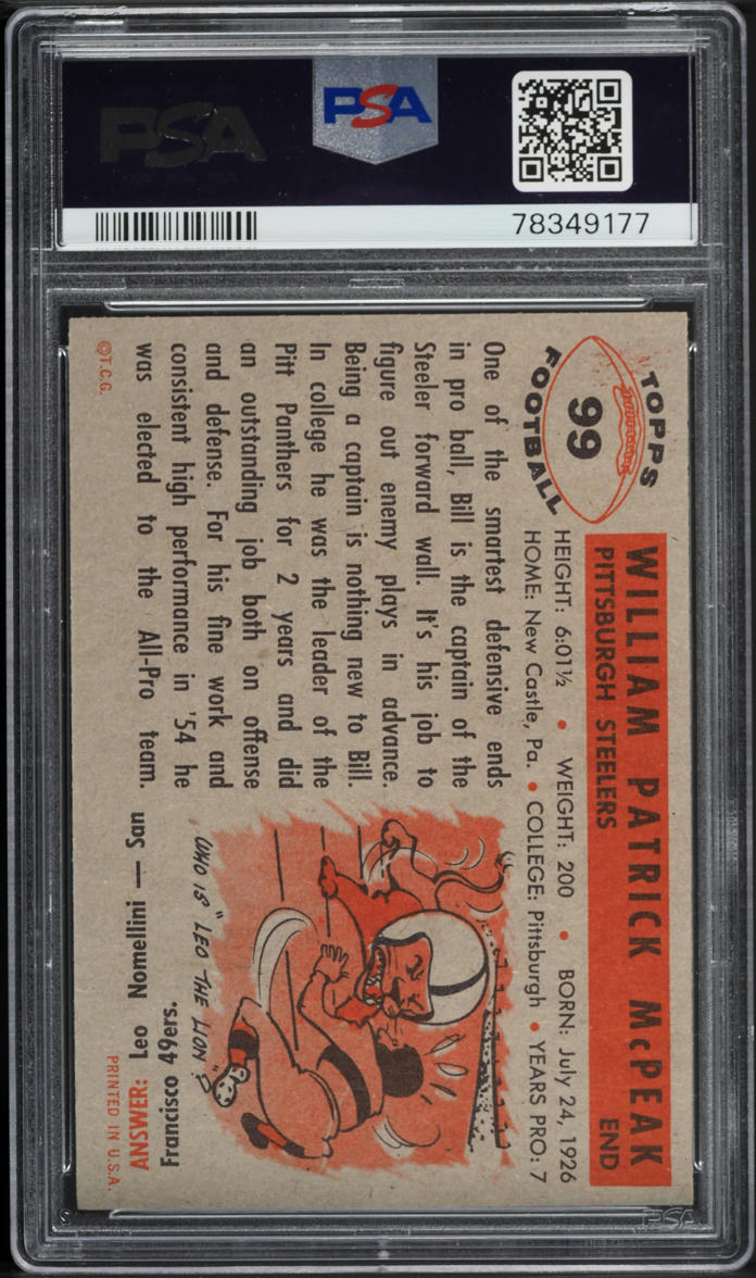 1956 Topps Football Bill McPeak #99 PSA 9 MINT