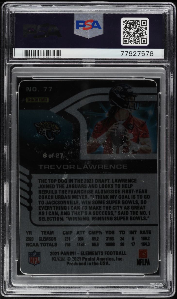 2021 Panini Elements Cobalt Trevor Lawrence ROOKIE /27 #77 PSA 9 MINT