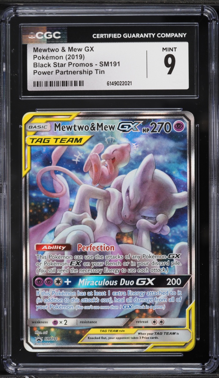 2019 Pokemon SM Promo Power Partnership Tin Full Art Mewtwo & Mew GX #SM191 CGC 9 MINT