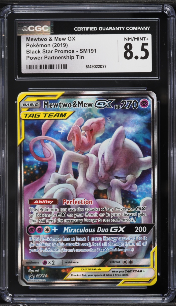 2019 Pokemon SM Promo Power Partnership Tin Full Art Mewtwo & Mew GX #SM191 CGC 8.5 NM-MT+