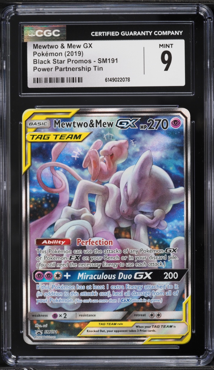 2019 Pokemon SM Promo Power Partnership Tin Full Art Mewtwo & Mew GX #SM191 CGC 9 MINT