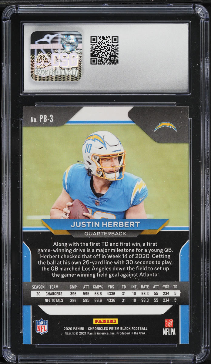 2020 Panini Chronicles Prizm Black Justin Herbert ROOKIE #PB-3 CSG 9 MINT