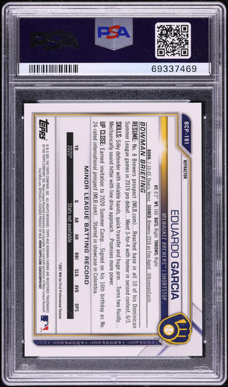 2021 Bowman Chrome Refractor Eduardo Garcia PROSPECT /499 #BCP-191 PSA 8 NM-MT