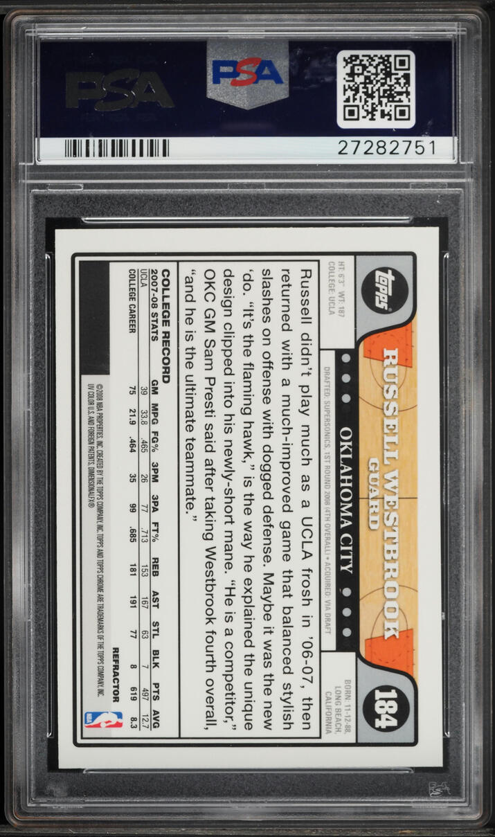 2008 Topps Chrome Refractor Russell Westbrook ROOKIE #184 PSA 10 GEM MINT