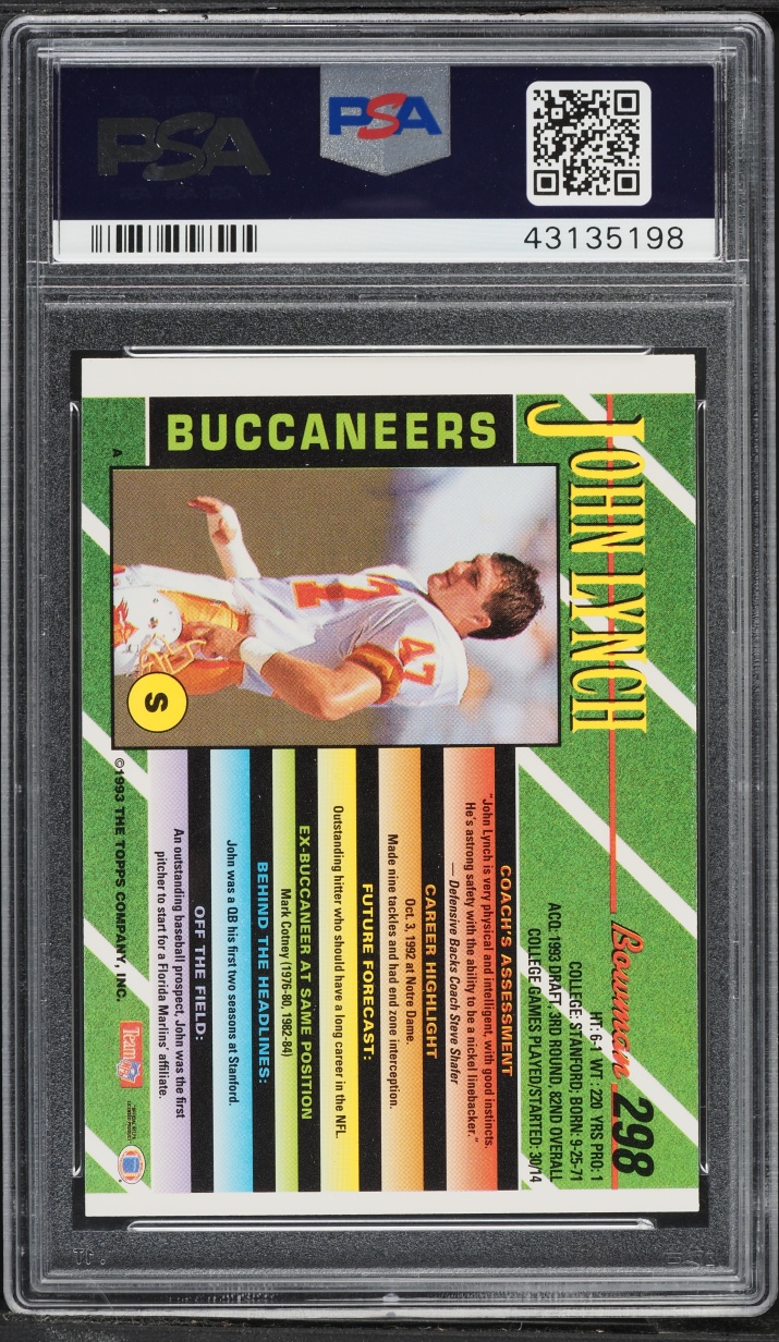 1993 Bowman Football John Lynch ROOKIE #298 PSA 9 MINT