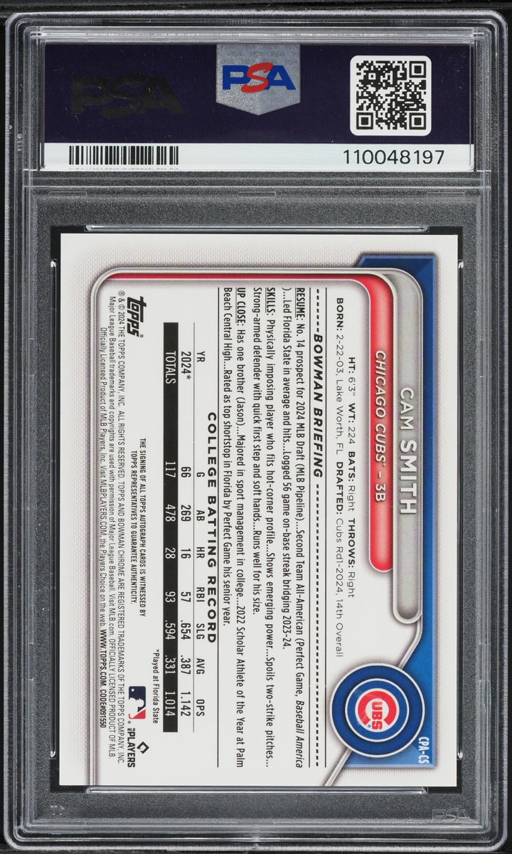 2024 Bowman Chrome Draft Purple Refractor Cam Smith PROSPECT AUTO DNA 10 /250 PSA 9 MINT