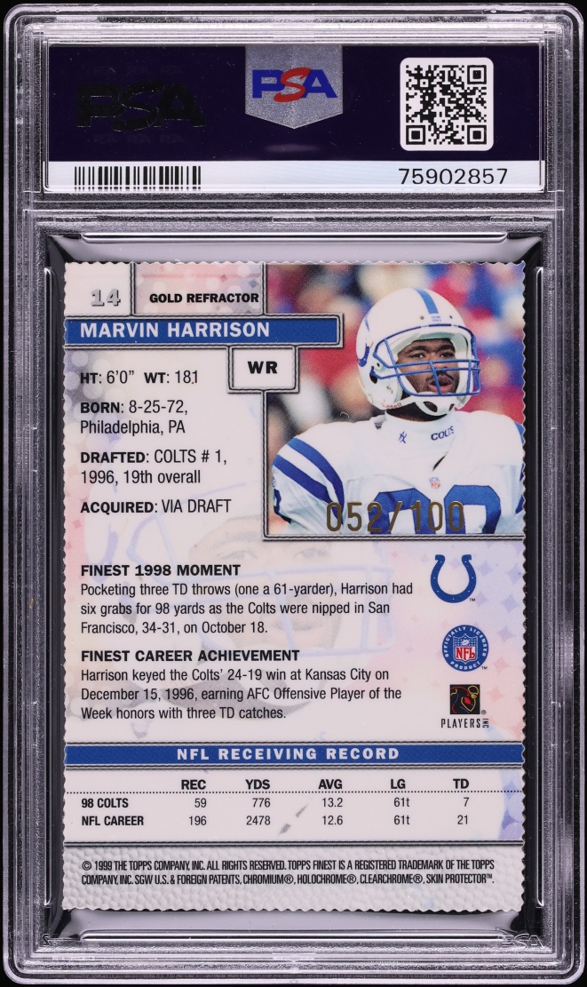 1999 Finest Gold Refractor Marvin Harrison /100 #14 PSA 7 NRMT