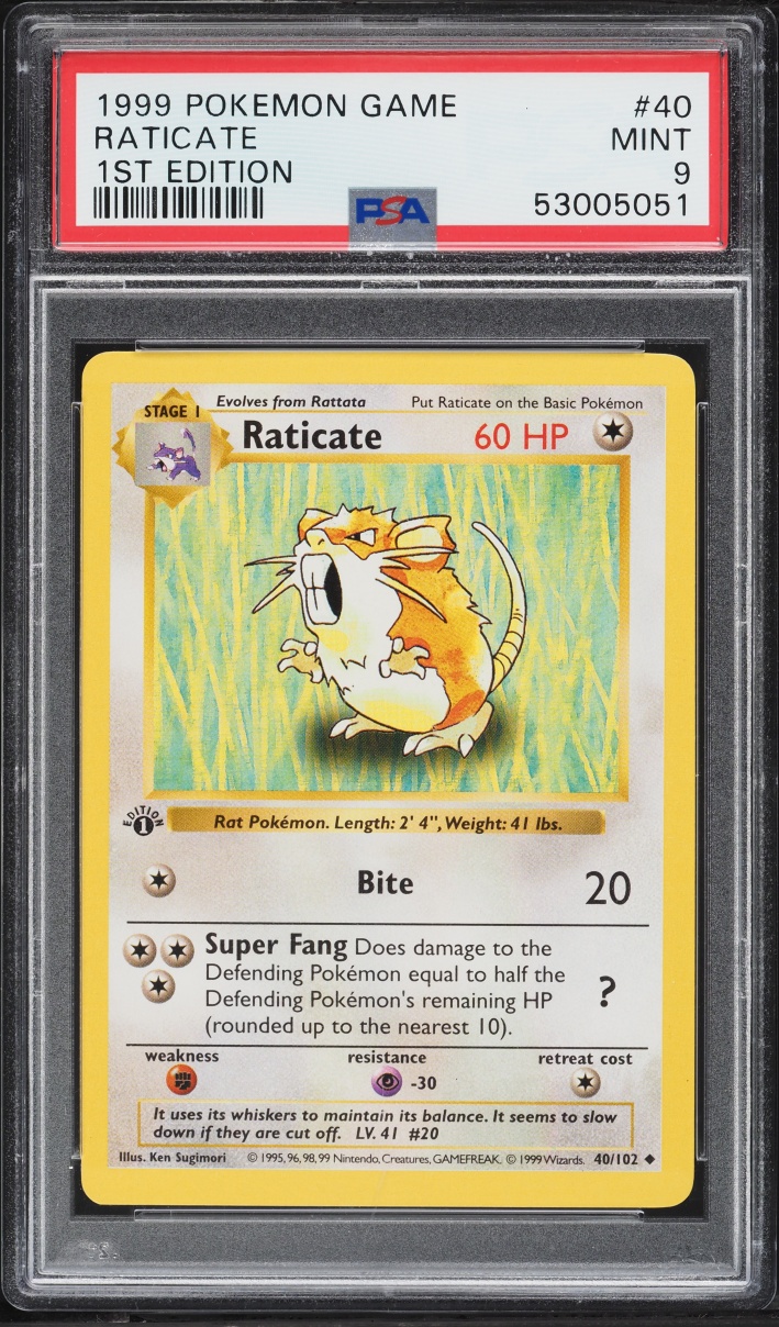 1999 Pokemon Base Set Shadowless 1st Edition Raticate #40 PSA 9 MINT