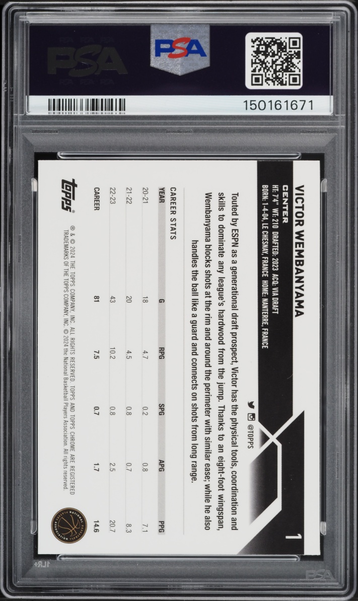 2023 Topps Chrome Prism Refractor Victor Wembanyama ROOKIE #1 PSA 9 MINT