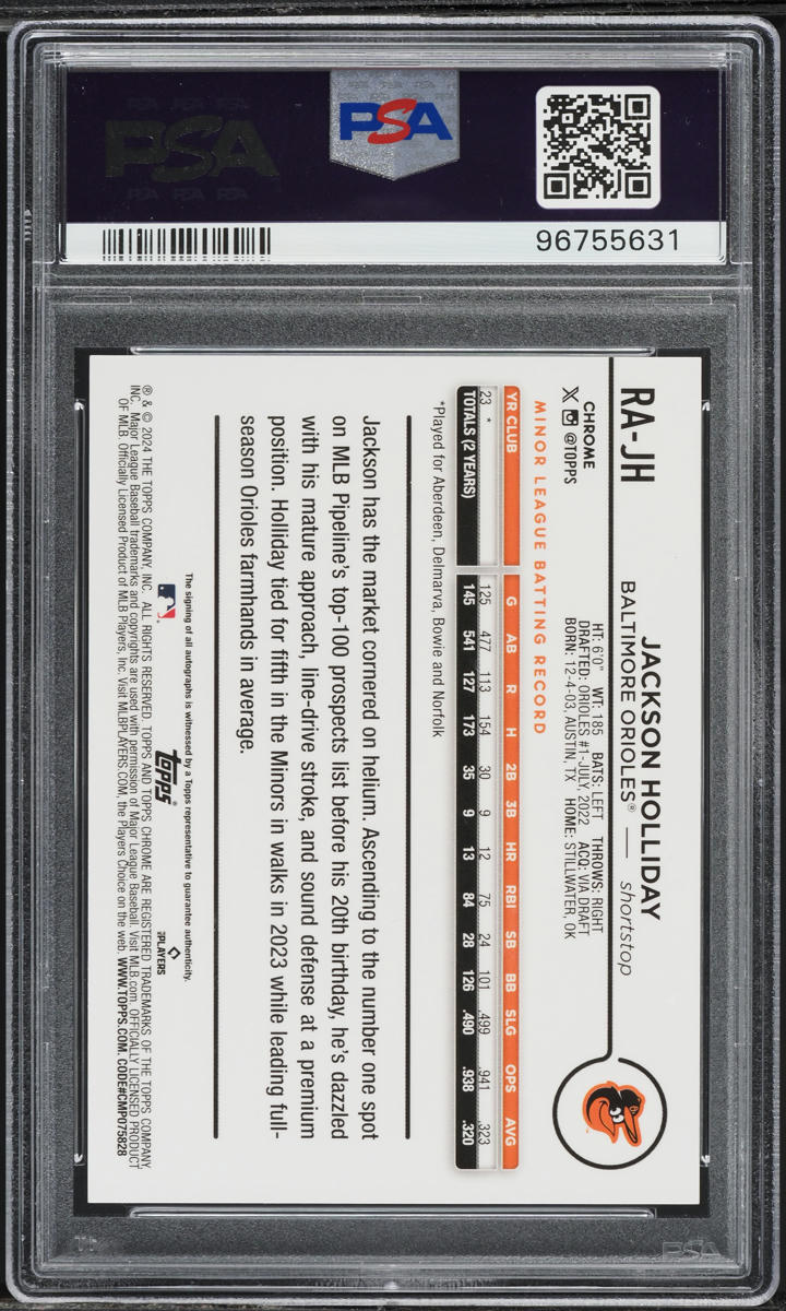 2024 Topps Chrome Gold Wave Jackson Holliday ROOKIE AUTO /50 #RA-JH PSA 10 GEM