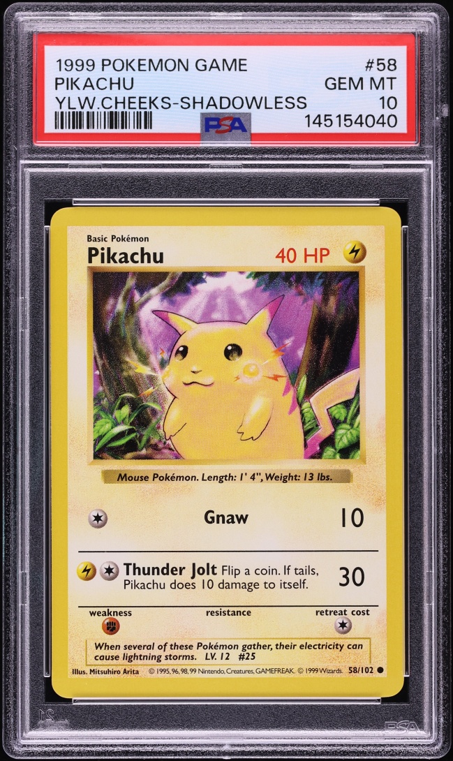 1999 Pokemon Base Set Shadowless Yellow Cheeks Pikachu #58 PSA 10 GEM MINT