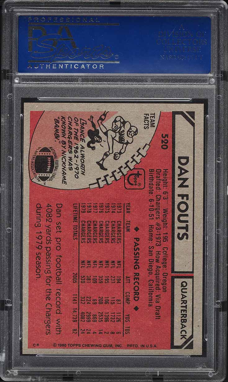 1980 Topps Football Dan Fouts ALL-PRO #520 PSA 10 GEM MINT
