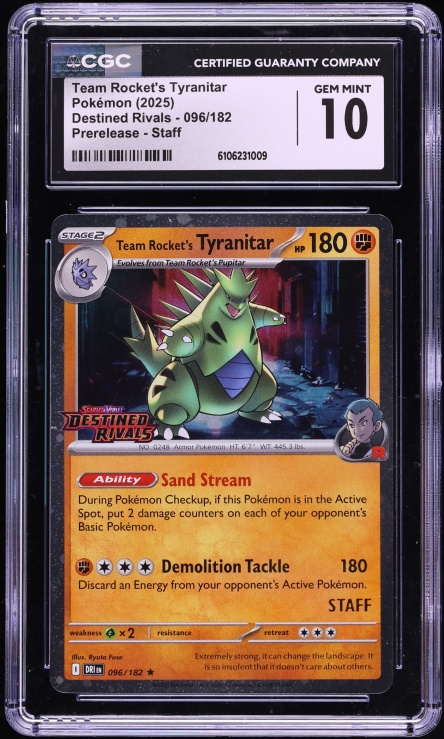 2025 Pokemon SV Destined Rivals Prerelease Staff Team Rocket's Tyranitar #96 CGC 10 GEM MINT