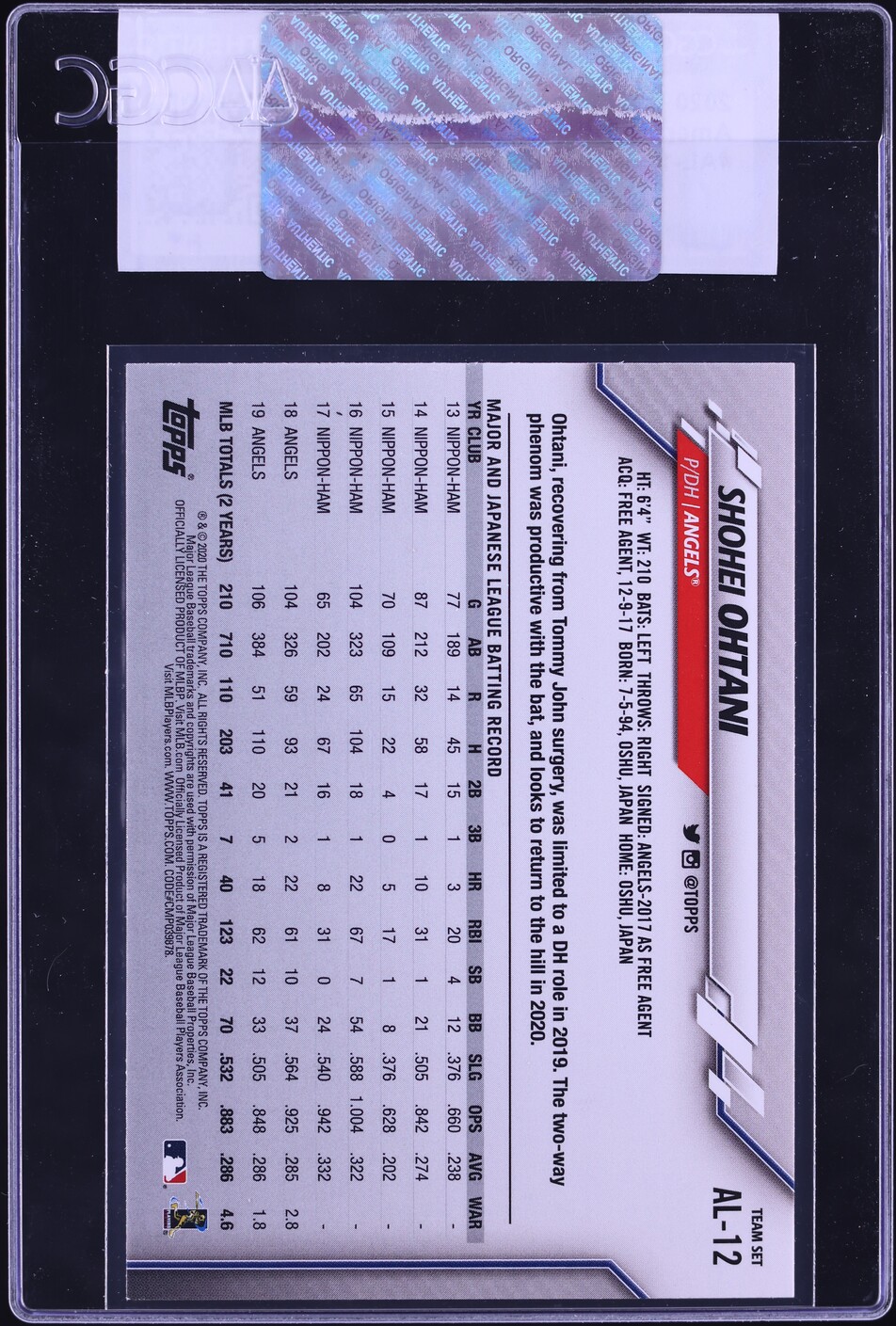 2020 Topps Team Sets American League All-Stars Shohei Ohtani #AL-12 CGC AUTH