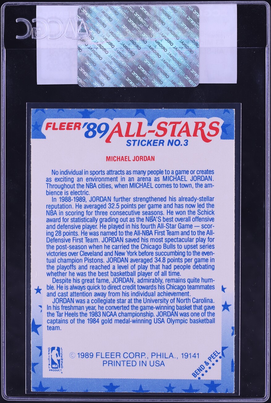 1989 Fleer Stickers All-Star Michael Jordan #3 CGC AUTH