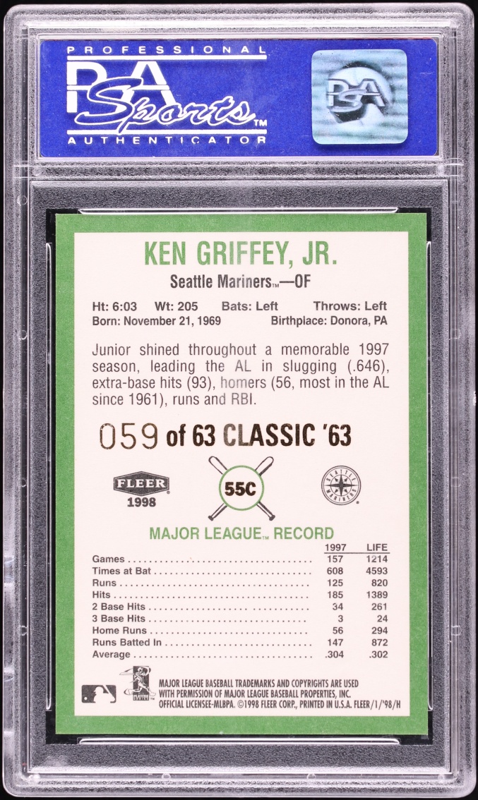 1998 Fleer Vintage 63 Classic Ken Griffey Jr. /63 #55C PSA 9 MINT - Photo 2