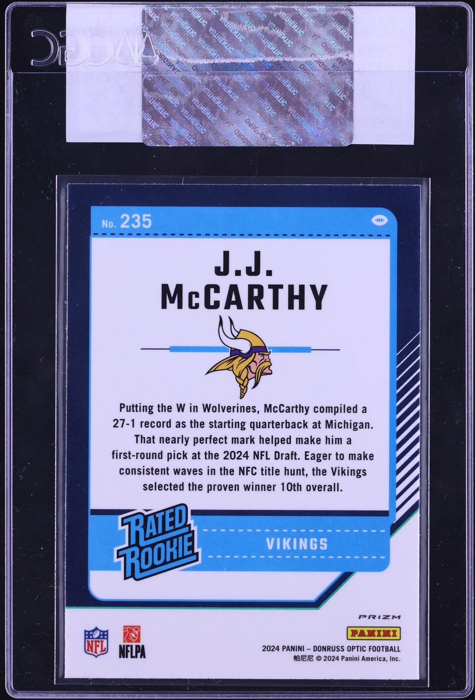 2024 Donruss Optic Purple Shock J.J. McCarthy ROOKIE #235 CGC AUTH