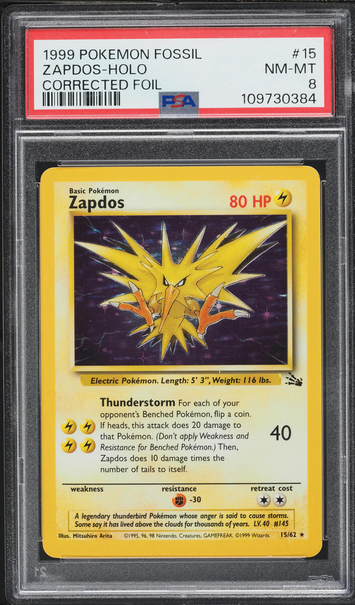 1999 Pokemon Fossil Corrected Holo Zapdos #15 PSA 8 NM-MT