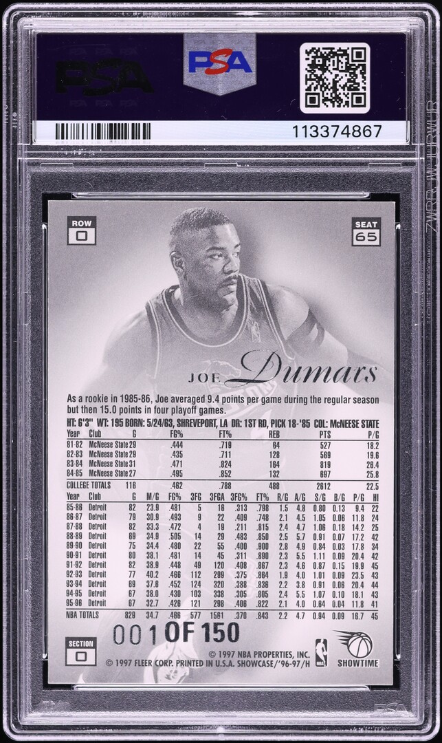 1996 Flair Showcase Legacy Collection Row 0 Joe Dumars 1/150 #65 PSA 8 NM-MT