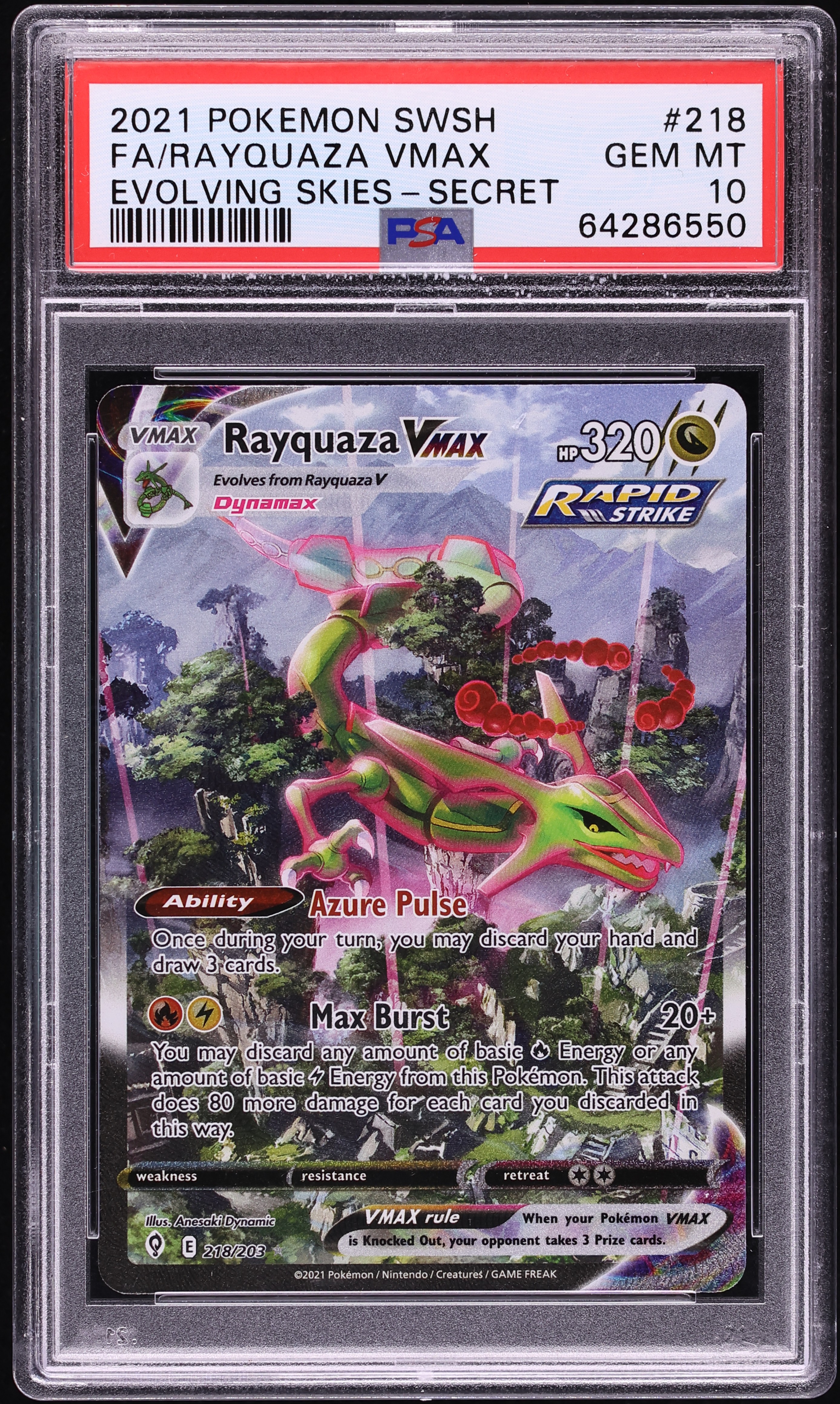 2021 Pokemon Sword & Shield Evolving Skies Alt Art Rayquaza VMAX #218 PSA 10 GEM MINT