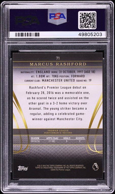 2016 Topps Premier Gold Marcus Rashford ROOKIE #71 PSA 10 GEM MINT