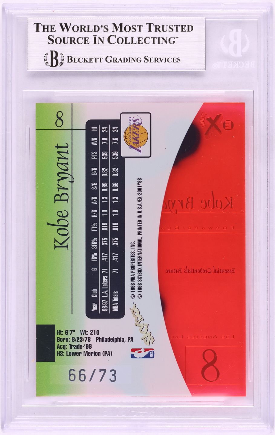 1997 Skybox E-X2001 Essential Credentials Future Kobe Bryant /73 #8 BGS 8.5