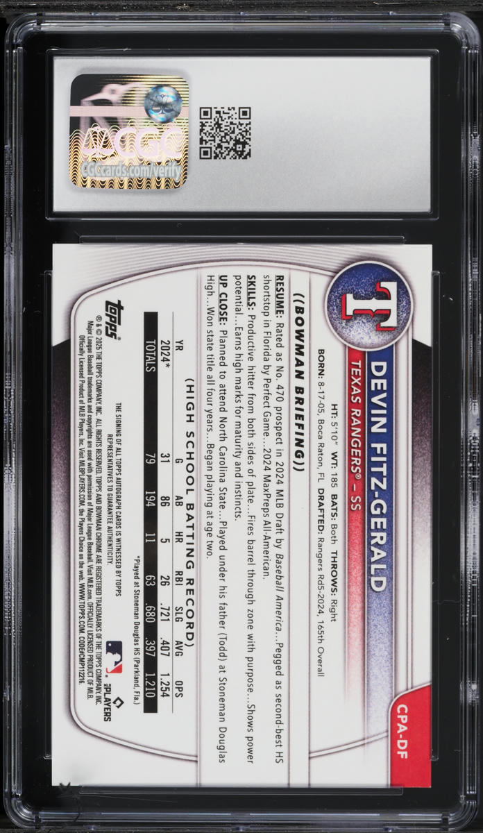2025 Bowman Chrome Gold Mini-Diamond Refractor Devin Fitz-Gerald PROSPECT AUTO /50 CGC 10 GEM