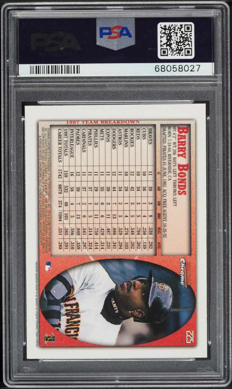 1998 Bowman Chrome International Barry Bonds #225 PSA 10 GEM MINT - Photo 2