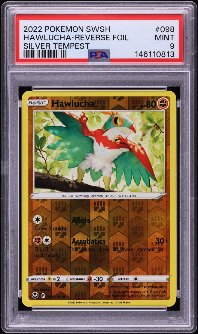 2022 Pokemon Sword & Shield Silver Tempest Reverse Holo Hawlucha #98 PSA 9 MINT
