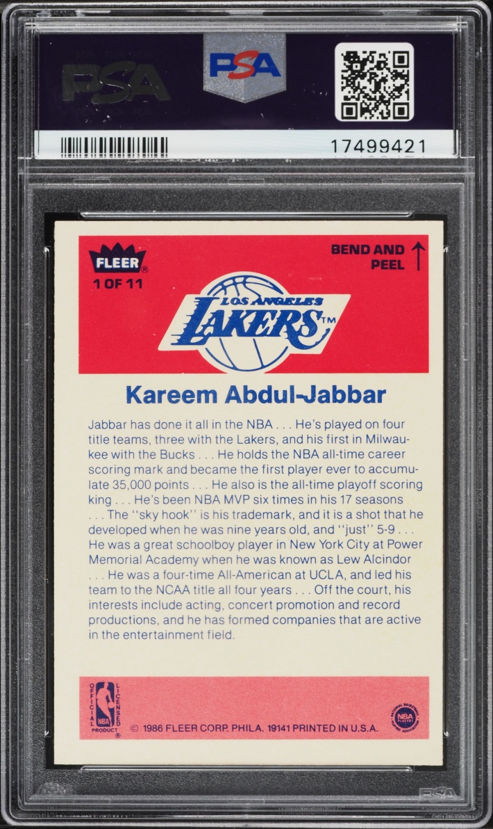 1986 Fleer Sticker Kareem Abdul-Jabbar #1 PSA 9 MINT