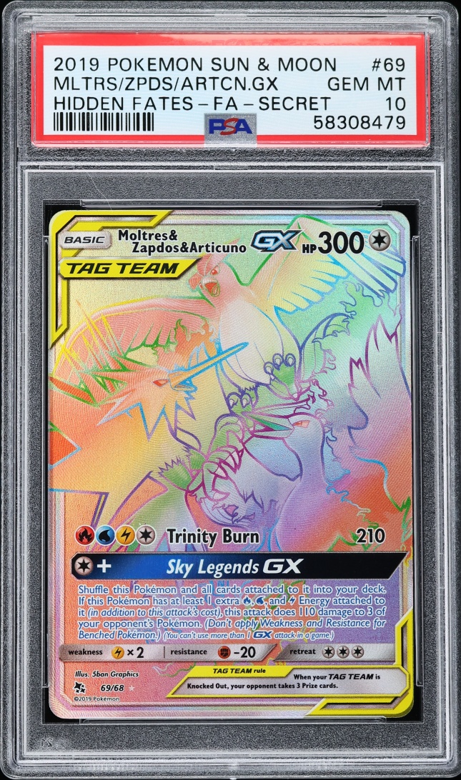 2019 Pokemon SM Hidden Fates Rainbow Rare Moltres & Zapdos & Articuno GX #69 PSA 10 GEM MINT