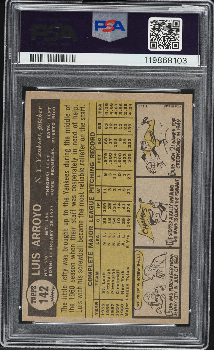 1961 Topps Luis Arroyo #142 PSA 7 NRMT