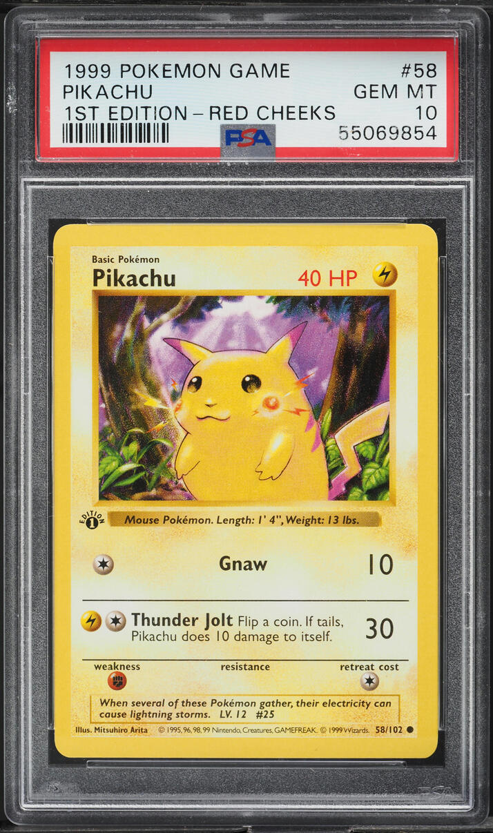 1999 Pokemon Base Set Shadowless 1st Edition Red Cheeks Pikachu #58 PSA 10 GEM