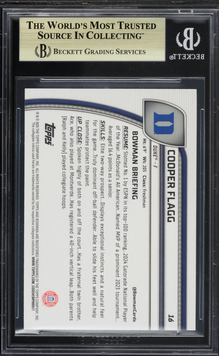 2024 Bowman Chrome University Cooper Flagg ROOKIE #16 BGS 9.5 GEM MINT