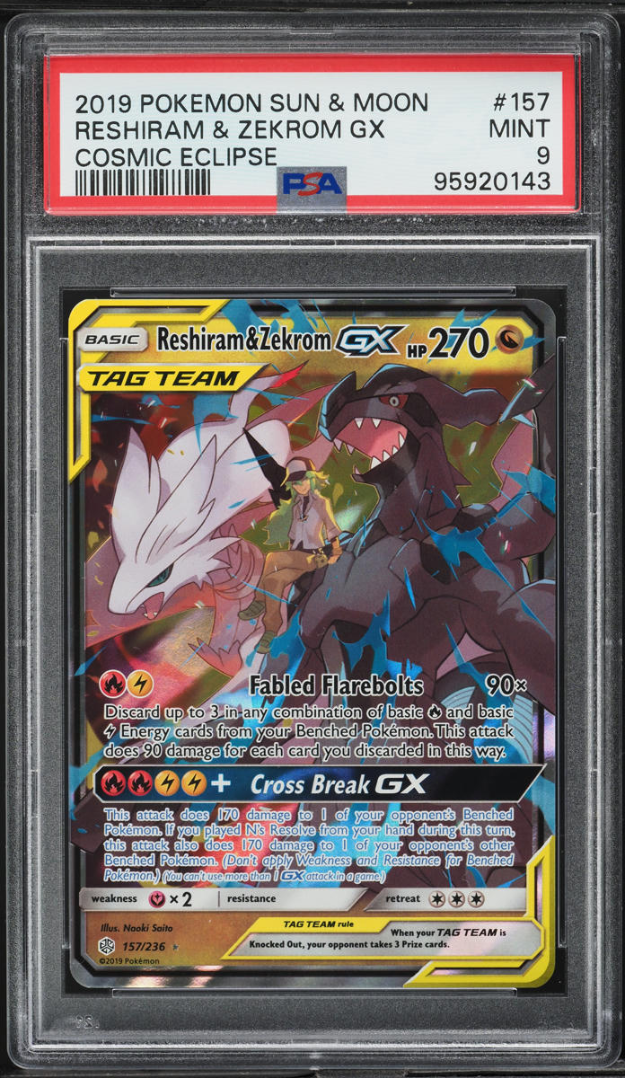 2019 Pokemon Sun & Moon Cosmic Eclipse Reshiram & Zekrom GX #157 PSA 9 MINT