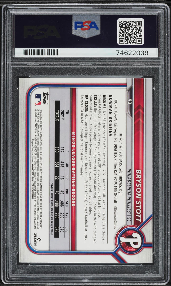 2022 Bowman Chrome Bryson Stott ROOKIE #93 PSA 8 NM-MT