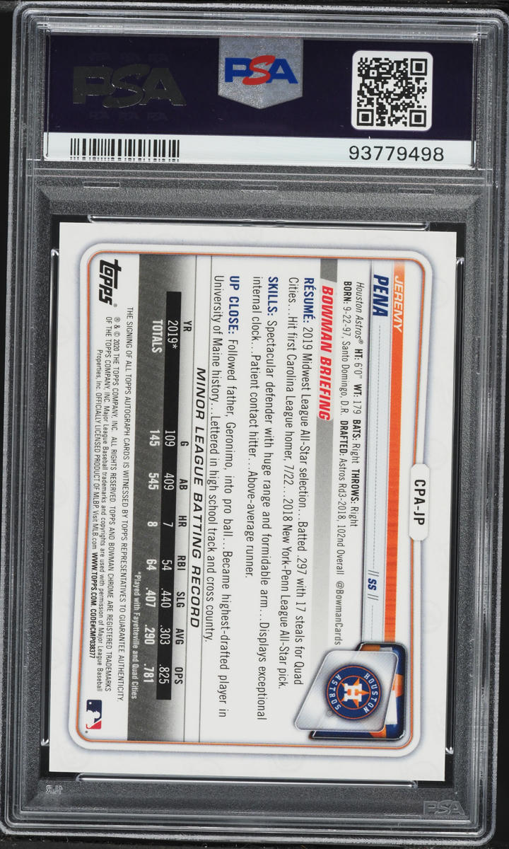 2020 Bowman Chrome Red Refractor Jeremy Pena PROSPECT AUTO DNA 10 1/5 #CPA-JP PSA 10 GEM MINT