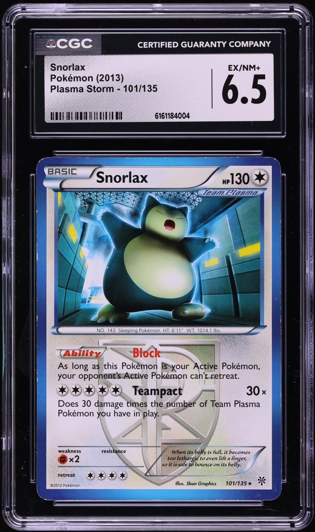 2013 Pokemon Black & White Plasma Storm Snorlax #101 CGC 6.5 EXMT+