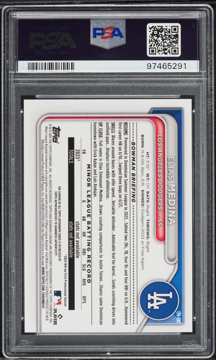 2024 Bowman Chrome Green Refractor Elias Medina PROSPECT AUTO /99 PSA 9 MINT
