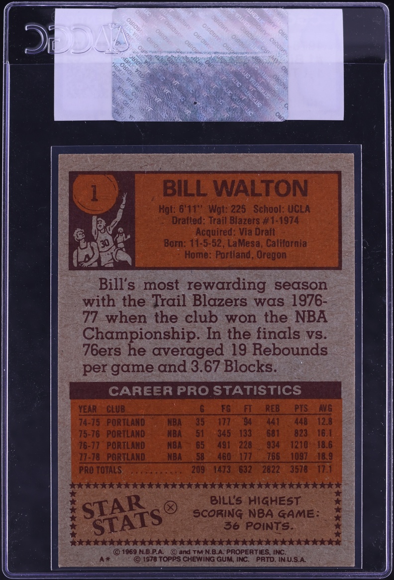 1978 Topps Basketball Bill Walton ALL-STAR #1 CGC AUTH