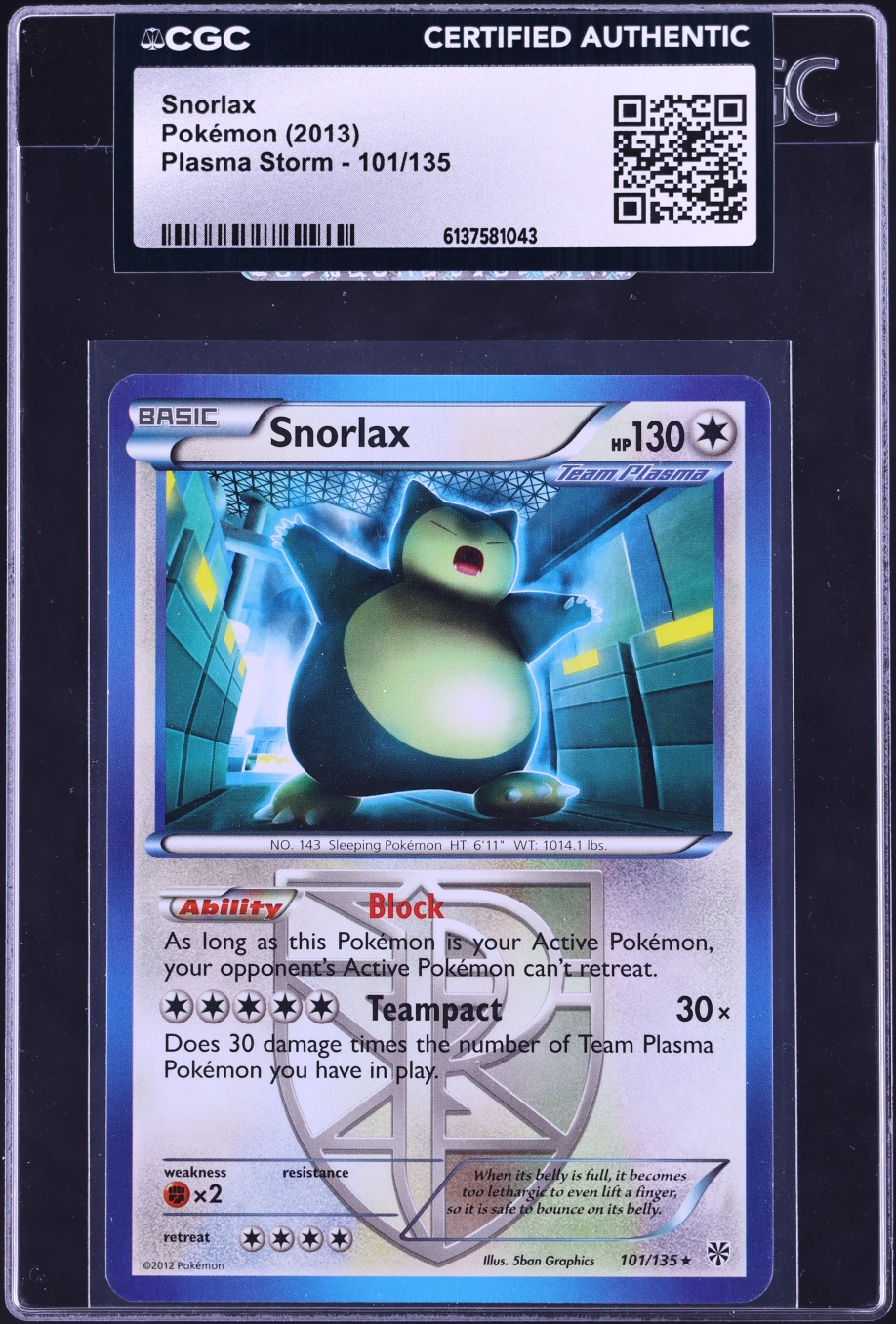 2013 Pokemon Black & White Plasma Storm Snorlax #101 CGC AUTH