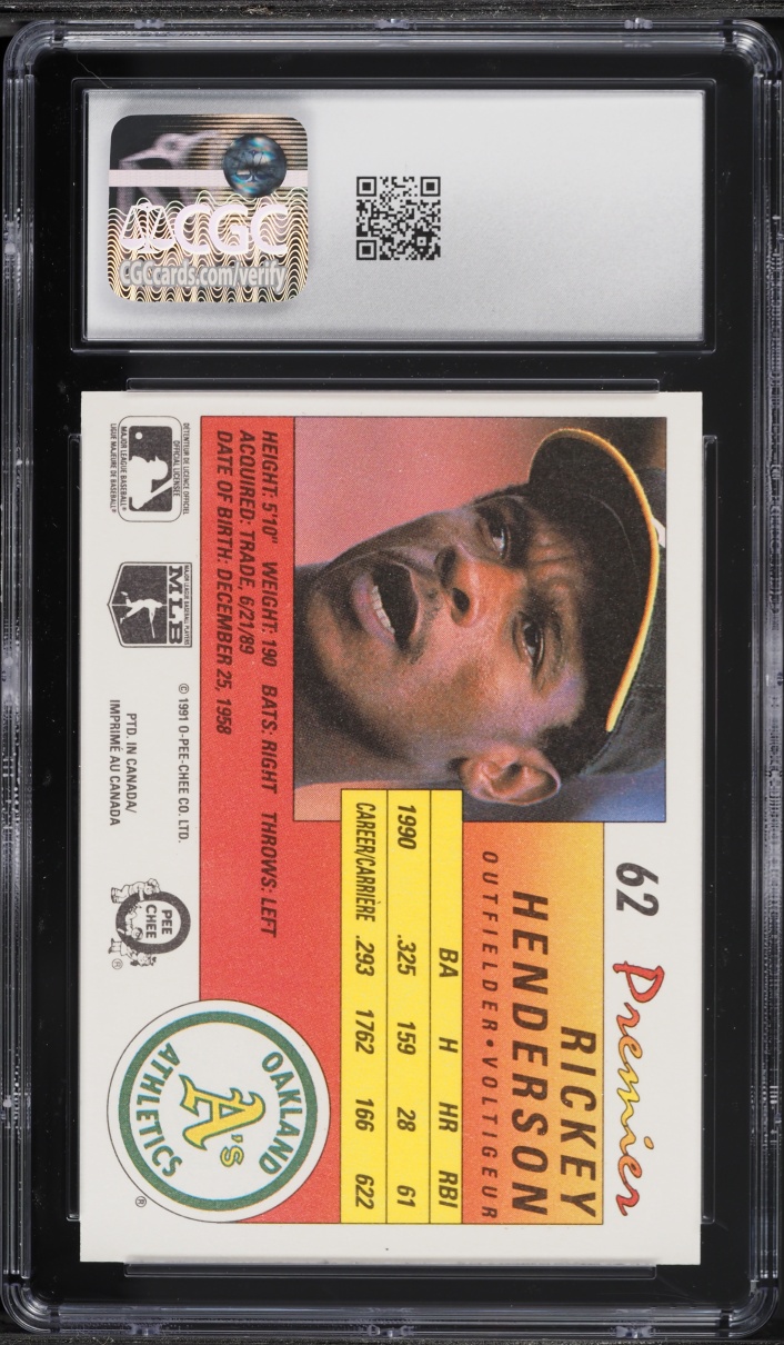 1991 O-Pee-Chee Premier Rickey Henderson #62 CGC 9 MINT