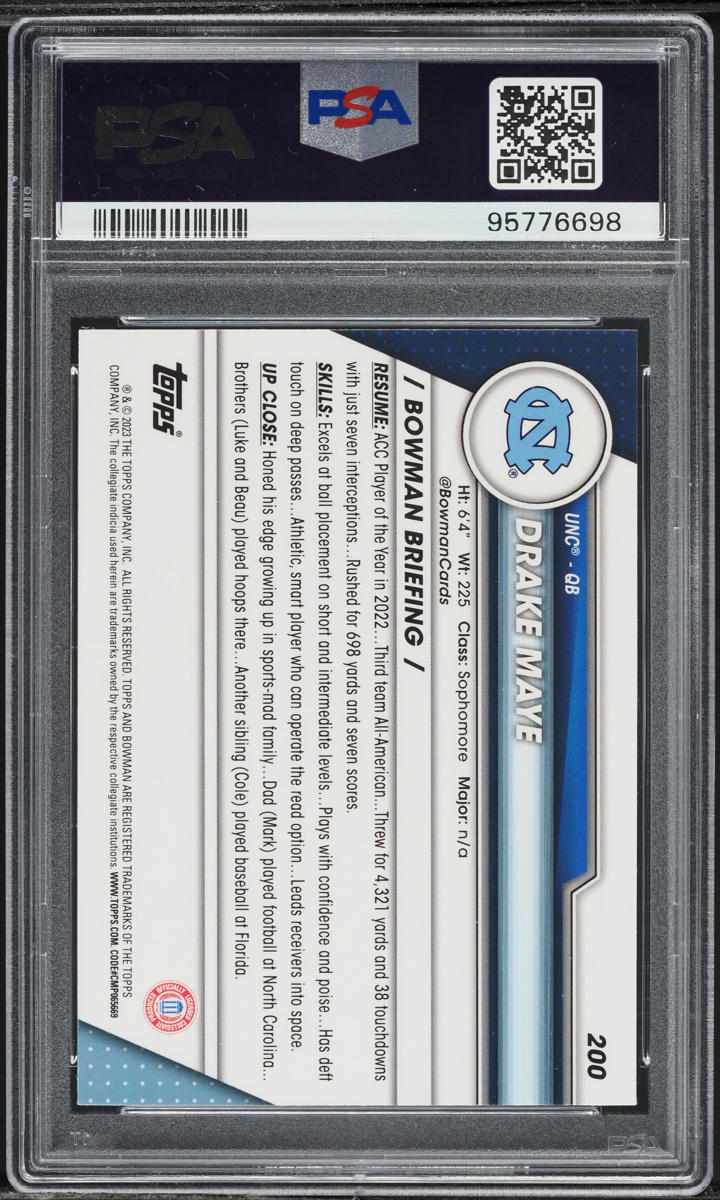 2023 Bowman Chrome University Pink Refractor Drake Maye ROOKIE #200 PSA 10 GEM MINT