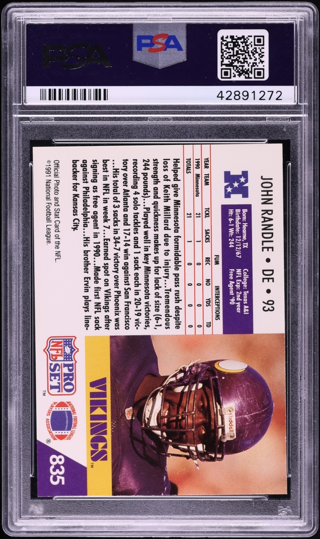 1991 Pro Set Football John Randle ROOKIE AUTO DNA 10 #835 PSA 10 GEM MINT