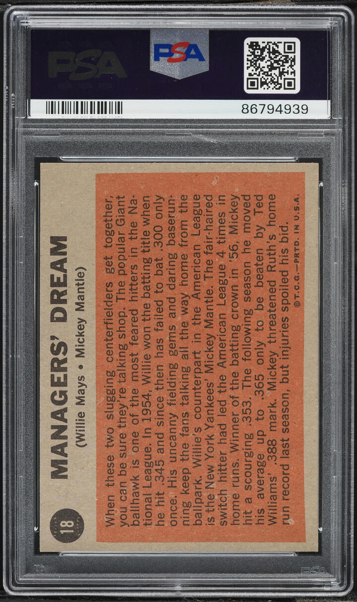 1962 Topps Mickey Mantle & Willie Mays MANAGERS DREAM #18 PSA 6 EXMT