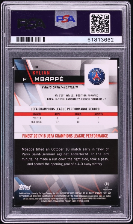 2018 Finest UEFA Champions League Orange Refractor Kylian Mbappe ROOKIE /25 #50 PSA 9 MINT - Photo 2