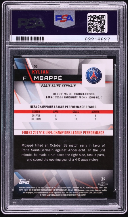 2018 Finest UEFA Champions League Blue Refractor Kylian Mbappe ROOKIE /150 #50 PSA 9 MINT - Photo 2