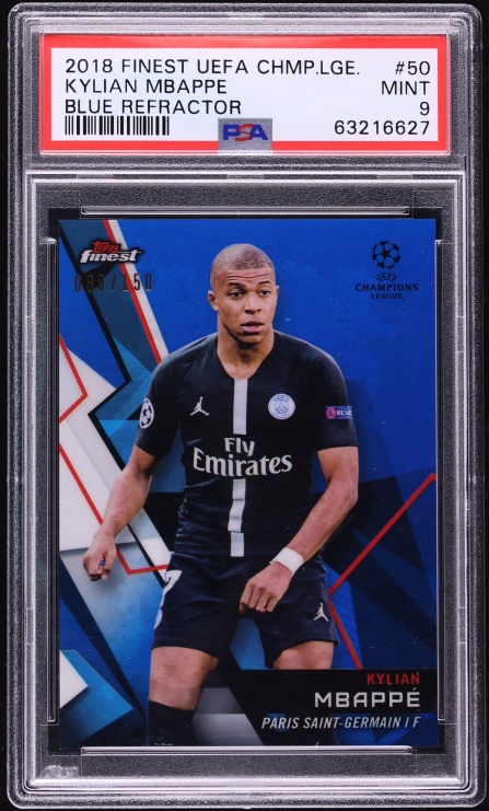 2018 Finest UEFA Champions League Blue Refractor Kylian Mbappe ROOKIE /150 #50 PSA 9 MINT - Photo 1